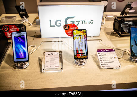 Corato, Polen, 10. Mai 2019: LG G7 ThinQ smartphone, Präsentation LG G7 ThinQ bei LG Ausstellung, stand an der Warschauer Electronics Show Stockfoto