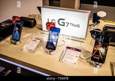 Corato, Polen, 10. Mai 2019: LG G7 ThinQ smartphone, Präsentation LG G7 ThinQ bei LG Ausstellung, stand an der Warschauer Electronics Show Stockfoto