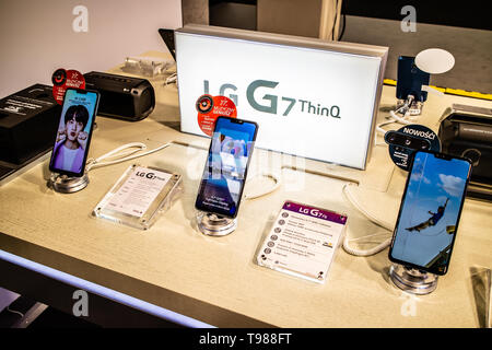 Corato, Polen, 10. Mai 2019: LG G7 ThinQ smartphone, Präsentation LG G7 ThinQ bei LG Ausstellung, stand an der Warschauer Electronics Show Stockfoto