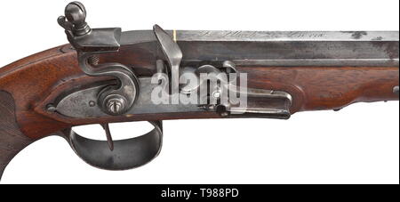 Ein paar flintlock Pistolen, Franz Ulrich, Bern, ca. 1810 achteckige, mit glatten Läufen in 12-mm-Kaliber mit Patent breechblocks und gold Bands bei den Kammern. Das Barrel tops unterzeichnet "F. Ulrich ein Bern". Glatte flintlocks mit Regen - Beweis Pfannen und frizzens auf Rollen (ein cocking Kerbe gebrochen). Walnuss Bestände mit karierten Butts und glatten Möbeln. Original Bügeleisen Rammb ken mit Messing-Tipps. Länge der Pistole 27 cm. Franz Ulrich, 1771-1845, in Bern von 1804/05 arbeitete bis 1812 bei der technischen Verwaltung der Arme Manufaktur, Additional-Rights - Clearance-Info - Not-Available Stockfoto