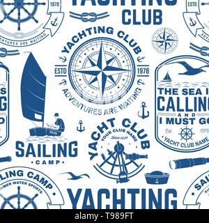 Yacht Club nahtlose Muster oder Hintergrund. Vector Illustration. Konzept für yachting Shirt, Druck, Stempel oder T-Stück. Design mit Meer Anker, Handrad, Kompass, Sextant und Seil Knoten Silhouette. Stock Vektor