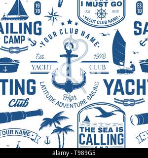 Yacht Club nahtlose Muster oder Hintergrund. Vector Illustration. Konzept für yachting Shirt, Druck, Stempel oder T-Stück. Design mit Meer Anker, Handrad, Kompass, Sextant und Seil Knoten Silhouette. Stock Vektor