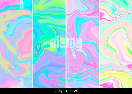 Abstrakte Marmor holographische Raster Hintergründe gesetzt. Farbe splash Textur Kulisse. Dynamische Flüssigkeit, gemischte neon Flüssigkeit. Psychedelic Illustrationen pack. Poster, Banner, Buchcover trendige Dekoration Stockfoto