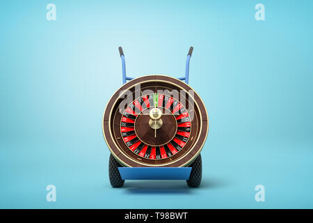 3D-Rendering von navy blue hand Lkw stehend mit casino roulette Rad am hellblauen Hintergrund. Stockfoto