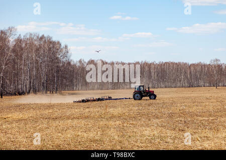 Roter Traktor mit einem gezogenen Pflug zum Mähen und das Jäten Felder für die Agroindustrie der gelben Farbe unter dem blauen Himmel, einen klaren Frühlingstag. Preparatio Stockfoto