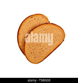 Zwei frisch gebackene Brotscheiben auf weißem Hintergrund. Top Bild anzeigen. Stockfoto