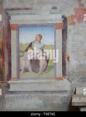 Todi Umbrien Italia Italien. Kirche San Fortunato Interieur. Kapelle des Hl. Franziskus (Cappella di San Francesco), antike Fresko Frau mit zwei Kinder - Stockfoto