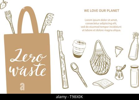 Null Abfall vektor Hand gezeichnet Infografik Hintergrund. Sammlung von Eco und natürlichen Elementen. Grünes Konzept gehen. Stock Vektor
