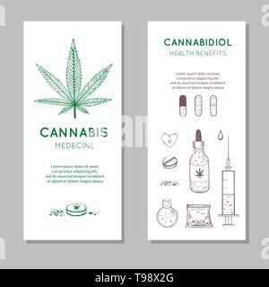 Cannabidiol gesundheitliche Vorteile Vector Hintergrund, Banner. Hand Infografik medizinischen Cannabis, Marihuana gezeichnet. Pillen, Flaschen, Öl und andere Stock Vektor
