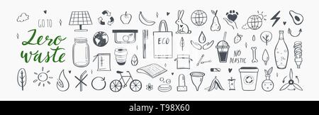Null Abfall vektor Hand gezeichnet Infografik. Sammlung von Eco und natürlichen Elementen. Grünes Konzept gehen Stock Vektor