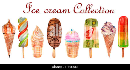 Aquarell Sommer essen Abbildung. Satz von leckeres Eis. Gibt es Obst Eis, Eskimo, Eis in der Waffel. Handgemalten Aquarell Buntstifte Stockfoto