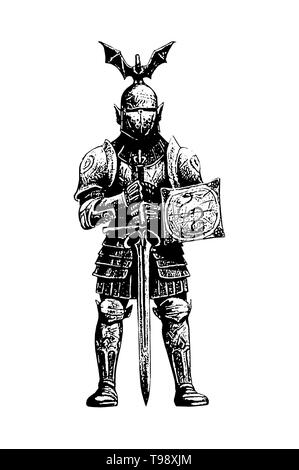 Fantasy mittelalterliche Ritter Abbildung. Ritter mit Schwert Zeichnung. Digitale Zeichnung. Stockfoto