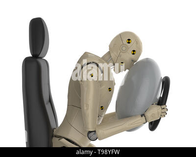 Crash test mit 3D-Rendering dummy Hit mit Airbag isoliert auf weißem Stockfoto