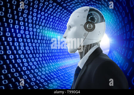 3D-Rendering künstliche Intelligenz Roboter mit binären Tunnel Hintergrund Stockfoto