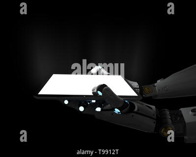 3D-rendering Robotic hand mit glänzend schwarzer Bildschirm Tablet Stockfoto
