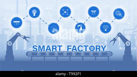Smart Factory Konzept mit Maschine und Symbole flache Design Vector Illustration Stock Vektor