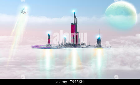 Stadt der Zukunft, urbanen Landschaft in den Wolken, extraterrestrische Planeten. Andere Welten. Raumschiffe. Sci-fi, Science Fiction, Landschaft. 3D-Rendering Stockfoto