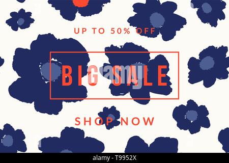 Blue bold floral Blüten und Sample Text in Rot auf weißem Hintergrund. Kreative und moderne Werbemittel, Banner, Verkauf Broschüre, Newsletter Template, soci Stock Vektor