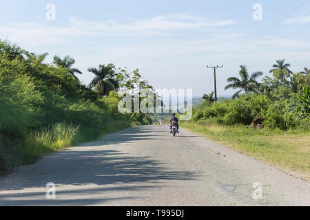 Mann auf dem Moped, ländliche Landschaft Road, Santa Cruz del Norte, Provinz Mayabeque, Cua Stockfoto