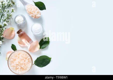 Hautpflege. Flach an Hautpflege Hilfsmittel Stil im Paket mit leeres Etikett mit natürlichen Materialien isoliert auf weißem Hintergrund mit Kopie spac Stockfoto