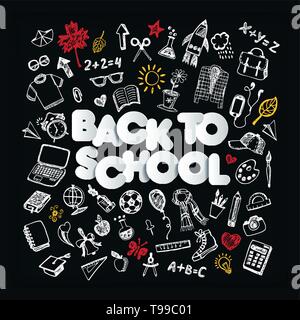 Zurück zu Schule. Schiefertafel doodle einrichten. Freehand - Vektor mit Schriftzug Stock Vektor
