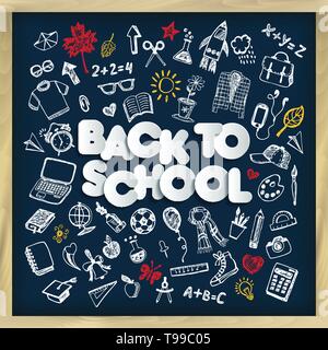 Zurück zu Schule. Schiefertafel doodle einrichten. Freehand - Vektor mit Schriftzug Stock Vektor