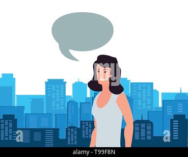 Business woman Sprechblase Stadt Straße Himmel Hintergrund Vector Illustration Stock Vektor