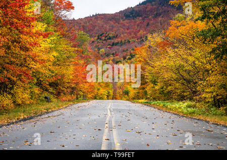 Gerader Strecke mit einem Berg Straße durch einen bunten Wald von Ahorn im Herbst Laub Höhepunkt im Herbst. Adirondacks, Upstate New York in den USA. Stockfoto