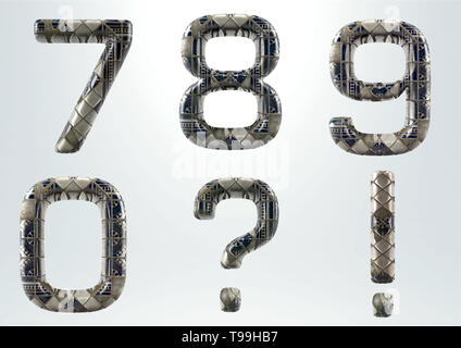 Keramik Alphabet - 3D-Rendering Set - Zahlen und Satzzeichen auf weißem Hintergrund (umfasst Freistellungsmasken) Stockfoto