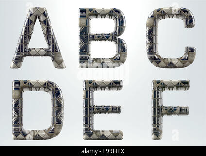Keramik Alphabet - 3D-Rendering Set - Buchstaben A bis F auf weißem Hintergrund (umfasst Freistellungsmasken) Stockfoto