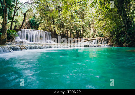 Der Wasserfall und kleinen kühlen Teich mit türkisfarbenem Wasser. Konzept der ökologischen Tourismus. Traumhaft schöne Natur mit klaren Wasser Wald und Wild Stockfoto