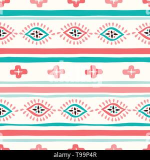 Bunte Hand gezeichnet Wellig ungleichen horizontalen Streifen, Diamanten und gekreuzten Vektor nahtlose Muster. Tribal abstrakte Geo Textur. Moderne whimsical Drucken Stock Vektor