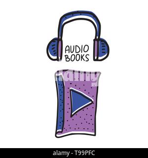 Hörbücher Konzept. Satz von Audio Buch Symbole mit Schriftzug. Vector Illustration in doodle Stil. Stock Vektor
