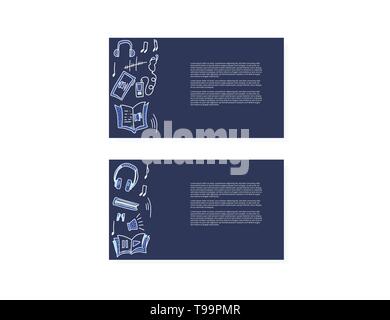 Satz Karten mit Hörbücher Elemente. Satz von Audio Buch Symbole mit Schriftzug. Vector Illustration. Stock Vektor