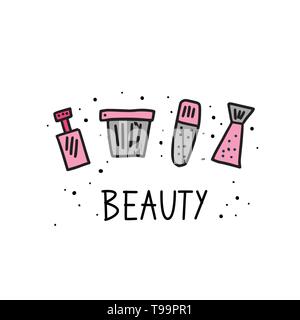 Satz von Schönheit. Hygiene Fläschchen, Röhrchen und Pakete in doodle Stil. Vector Illustration. Stock Vektor