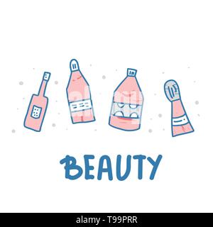 Satz von Schönheit. Hygiene Fläschchen, Röhrchen und Pakete in doodle Stil. Vector Illustration. Stock Vektor