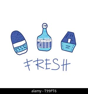 Satz von Schönheit. Hygiene Fläschchen, Röhrchen und Schriftzug Frisch. Vector Illustration. Stock Vektor