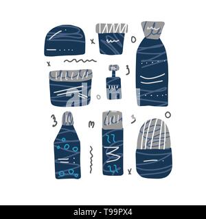 Satz von Schönheit. Hygiene Fläschchen, Röhrchen und Pakete im flachen Stil. Vector Illustration. Stock Vektor