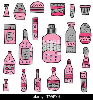 Satz von Schönheit. Hygiene Fläschchen, Röhrchen und Pakete in doodle Stil. Vector Illustration. Stock Vektor