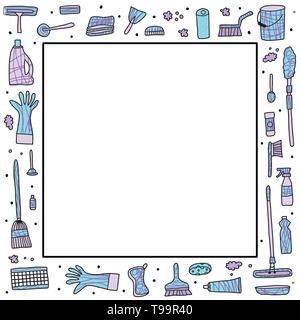 Reinigung von Werkzeugen. Vektor einrichten von Reinigungsgeräten. Sammlung von Ordnung und Sauberkeit Symbole im flachen Stil. Farbe Abbildung. Stock Vektor
