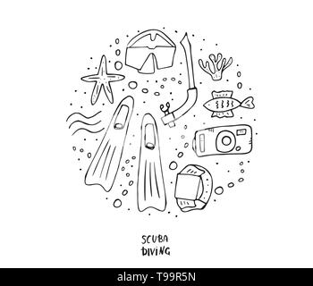 Tauchen Satz von Elementen und Ausrüstung schwarz-weiß Design. Unterwasser Aktivität Symbole und Zubehör. Runde Plakette mit Scuba Mask, aqualung, Flossen Stock Vektor