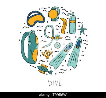 Runde Plakette mit Tauchen Satz von Elementen und Ausrüstung. Unterwasser Aktivität Symbole und Zubehör. Scuba Diver Flossen, Maske, Aqualung und andere g Stock Vektor