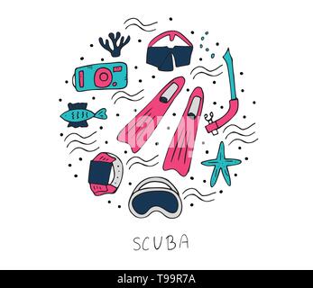 Runde Plakette mit Tauchen Satz von Elementen und Ausrüstung. Unterwasser Aktivität Symbole und Zubehör in doodle Stil. Scuba Diver Flossen, Maske, Aqua Stock Vektor
