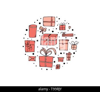 Kreis Zusammensetzung der Geschenkboxen. Sammlung von Holiday präsentiert in doodle Stil. Vector Illustration. Stock Vektor