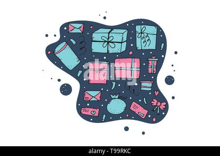 Satz von geschenkboxen. Sammlung von Holiday präsentiert in doodle Stil. Vector Illustration. Stock Vektor