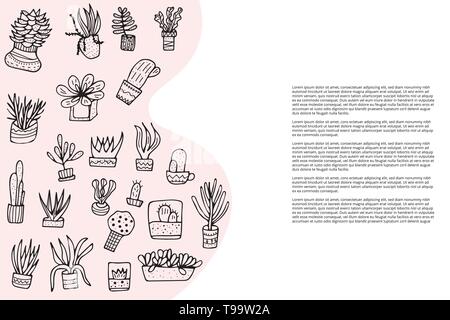 Banner Vorlage von Sukkulenten in doodle Stil. Satz von Zimmerpflanzen. Vector Farbe Abbildung. Stock Vektor