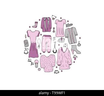 Runde Plakette mit Frau Kleidung und Accessoires in Doodle style Set. Sammlung der weiblichen Mode Symbole. Vector Illustration. Stock Vektor