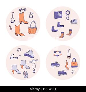 Der runde Abzeichen der Frau Kleidung und Accessoires in Doodle style Set. Sammlung der weiblichen Mode Symbole. Vektor konzeptionelle Farbe Abbildung. Stock Vektor