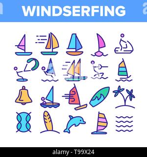 Wasserski, Windsurfen Linear Vector Icons einstellen. Windsurfen Sport Thin Line Kontur Symbole Pack. Extreme Sommer Freizeitaktivitäten Piktogramme Sammlung. Wak Stock Vektor