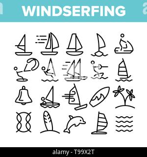 Wasserski, Windsurfen Linear Vector Icons einstellen. Windsurfen Sport Thin Line Kontur Symbole Pack. Extreme Sommer Freizeitaktivitäten Piktogramme Sammlung. Wak Stock Vektor